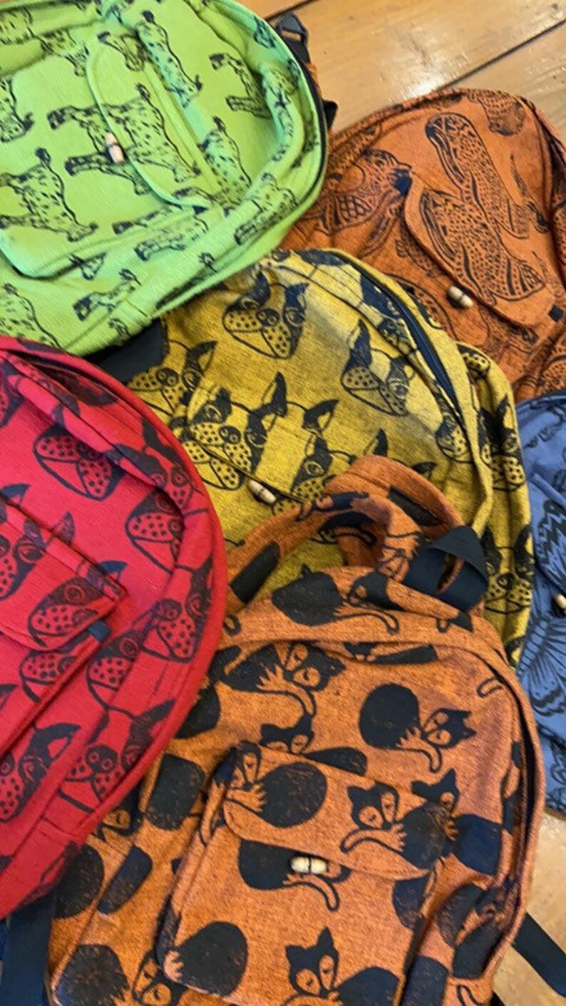 Fair Trade Nepal Hen Dinosaur Starfish Pig Dog Whale Cat Block Animal Printed Zippered Backpack Book Bag Padded Adjustable Shoulder Straps