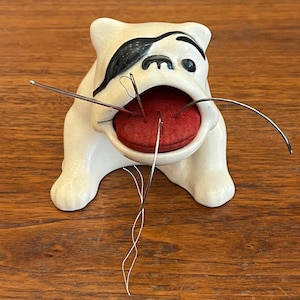 Vintage Unique Ceramic Cream Bulldog Pincushion, Dog Pin Cushion with Eyepatch and Mouth Open, Tongue Felt Pin Cushion