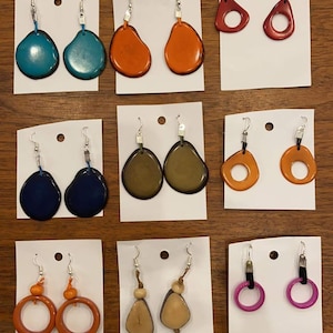 Hand-Crafted Tagua Nut Wire Dangle & Hoop Earrings, Turquoise Orange Navy Blue Tan Pink, Fair Trade from Ecuador