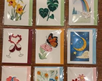 Handmade Paper Quilling Cards, 3x3.75 Gift Enclosure Tags, Fair Trade Vietnam, Daffodils Monstera Plant Rainbow Peacock Cupcake Pineapple