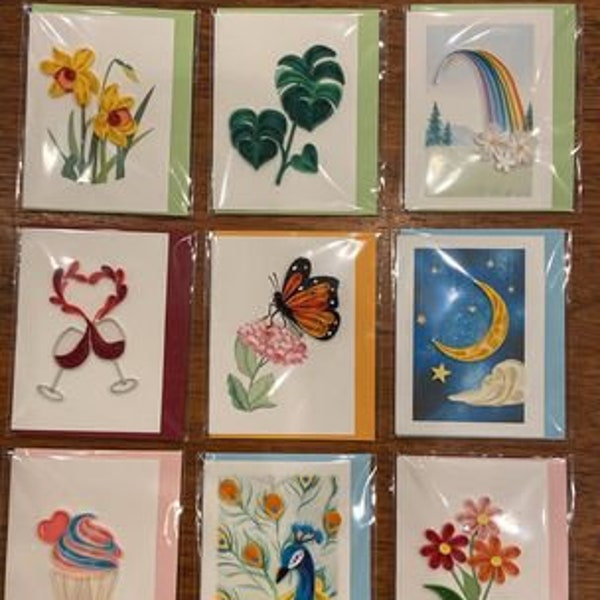 Handmade Paper Quilling Cards, 3x3.75 Gift Enclosure Tags, Fair Trade Vietnam, Daffodils Monstera Plant Rainbow Butterfly Peacock Cupcake