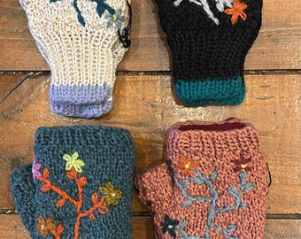 Hand-Knit 30% Alpaca Floral Fingerless Gloves Arm Warmers Embroidered Flowers Teal Beige Black Pink, Fleece-Lined, Fair Trade Peru & Bolivia