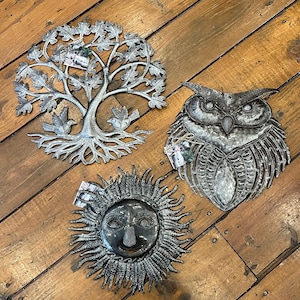 Haitian Handmade Cut Recycled Steel Metal Wall Art, Bird Tree, Happy Sun, and Owl, Fair Trade from Haiti