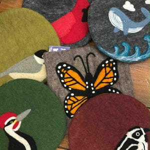 Whale, Butterfly, Sea Turtle and Bird Felted Wool Pot Holders Felt Hot Pad Infused with Cotton Fabric, 8 x 8 Inch Trivet, Fair Trade Nepal