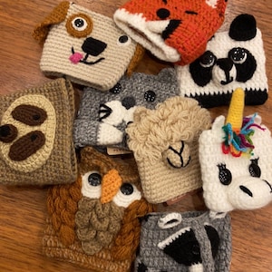 Hand-Knitted Cup Cozies, Panda Unicorn Fox Owl Puppy Dog Cat Octopus Cow Llama Alpaca Penguin Crocodile Narwhal, Fair Trade from Peru