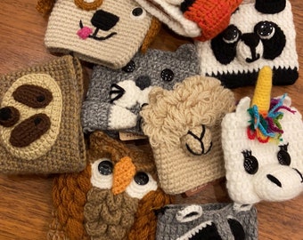 Hand-Knitted Cup Cozies, Panda Unicorn Fox Owl Puppy Dog Cat Octopus Cow Horse Dog Llama Alpaca Penguin Crocodile Horse Fair Trade from Peru