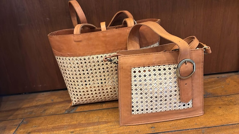 The Rattan Collection Woven Totes and Crossbody Cross Body Handbags Purses Crafted in Leather and Natural Rattan, Fair Trade from Java image 1