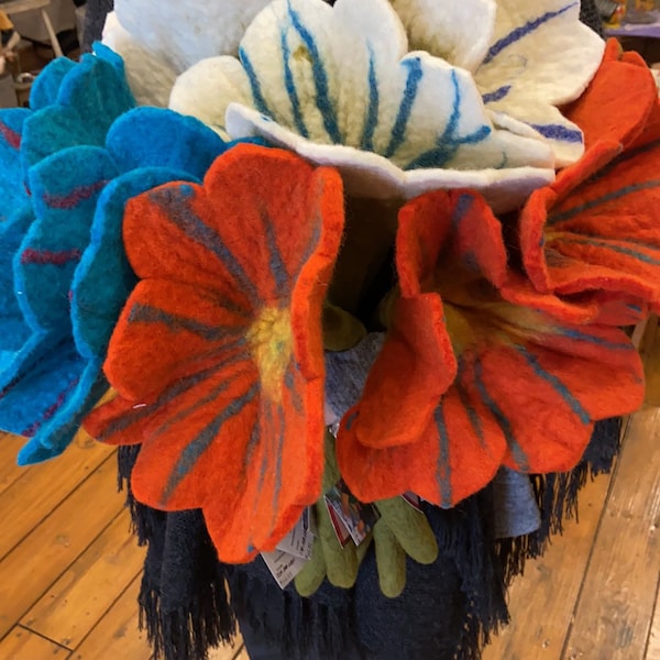 Large 10 Inch Felt Flowers Felted Wool Infused with Cotton Handmade Flexible 15 Inch Wire Stem, Fair Trade from Nepal