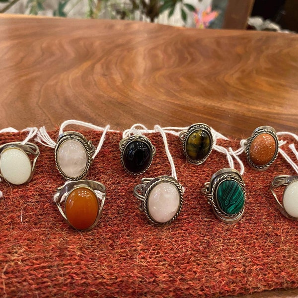 Alpaca Silver Adjustable Rings, Abalone Malachite Sodalite Fossil Stones, Fair Trade Ecuador