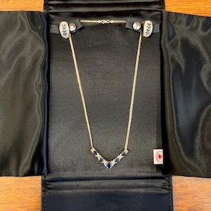 Vintage 14K Gold 585 Necklace and Clip-On Earring Jewelry Set, Diamond & Blue Sapphire Encrusted, Made in Italy, Black Carry Case