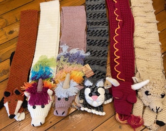 Hand-Knitted 17% Alpaca Wool Animal Critter Scarf Scarves Neck Warmers, Llama Cat Dragon Fox Unicorn, Childrens Youth KiDs, Fair Trade Peru