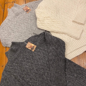 Hand-Knit Alpaca Wool Lattice Cable Knit Pullover Sweater with Mock Turtleneck, Steel Gray Beige Light Gray, Fair Trade from Red Maple