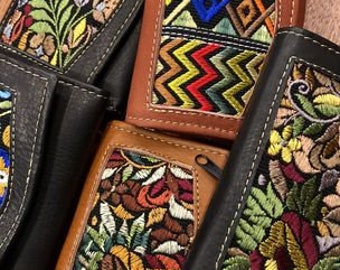 Colorful Embroidered Floral Fabric and Leather Trifold Wallets, 5x4 Inches, Fair Trade from Ecuador