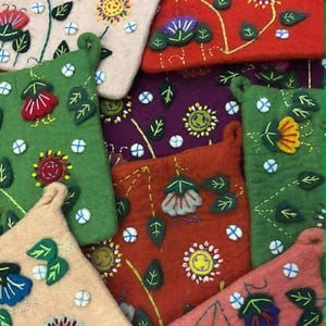 Felted Wool Pot Holder Hot Pad Hotpad Infused with Cotton Fabric and Embroidered with Flowers, 8 In x 8 In Trivet, Fair Trade from Nepal