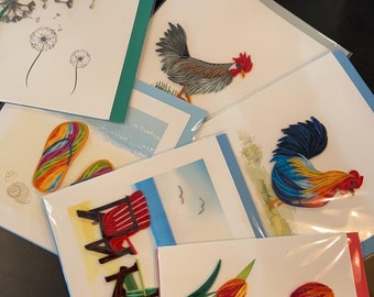 Tarjetas de papel hechas a mano con técnica de quilling, 6.25x6 pulgadas, tarjetas de felicitación, comercio justo de Vietnam, gallo, pollo, chanclas, dientes de león, abeja, luciérnaga, violetas.