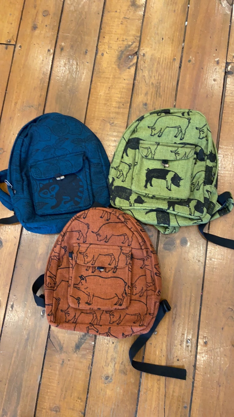 Fair Trade Nepal Hen Dinosaur Starfish Pig Dog Whale Cat Block Animal Printed Zippered Backpack Book Bag Padded Adjustable Shoulder Straps