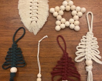 Handcrafted Macrame Beaded Holiday Christmas Hanging Ornaments, Trees Feather Cinnamon, Kid-Safe Kid-Friendly, Local Artisan Jenny Mulvey