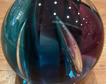 Vintage Scottish Caithness SCIMITAR Glass Sphere Paper Weight, Colored Blue Art Glass Paperweight, 3.25 Inch Diameter, Signed