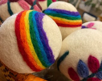 Colorfast Felted Felt Wool Dryer Balls, Set of 2, Rainbows, Fair Trade from Nepal