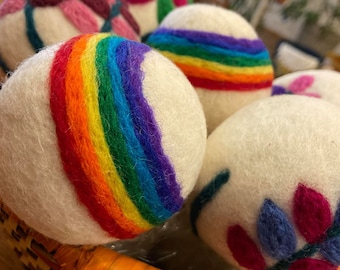 Colorfast Felted Felt Wool Dryer Balls, Set of 2, Rainbows Sheep Hearts Sun Bees Gnomes Mushrooms Cats Butterflies, Fair Trade from Nepal