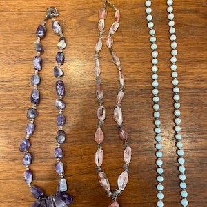 Various Vintage Stone and Crystal Beaded 20-30” Necklaces, Jade, Purple Amethyst, Rose Quartz, Light Blue, Teal, Heavy Statement Jewelry