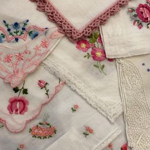 Vintage Hand-Embroidered Hankies Women Ladies Handkerchiefs, Dainty and Unique, Flowers Gardening Pansies Roses
