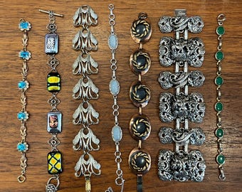 Various Vintage Chain & Link Bracelets, 12K Gold-Filled, Sterling Silver, Napier Dragon Blue Green Rhinestone Gold/Silver-Tone Filigree Jade