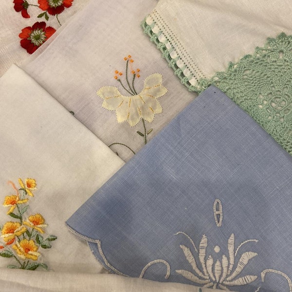 Vintage Hand-Embroidered Hankies Women Ladies Handkerchiefs, Dainty and Unique, Flowers Gardening Pansies Roses