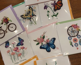 Handmade Paper Quilling Greeting Cards 6.25x6, Fair Trade Vietnam, Balloons Bicycle Swallowtail Monarch Butterfly Birthday Dream Catcher