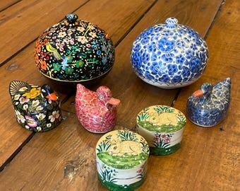 Various Vintage and Hand-Crafted Lidded Trinket Boxes, Floral and Bird Patterns, Bunnies, Fair Trade India Etc.