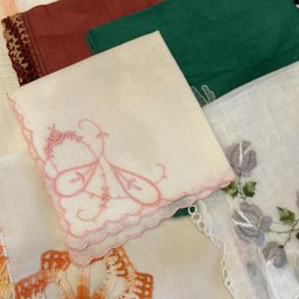 Vintage Hand-Embroidered Hankies Women Ladies Handkerchiefs, Dainty and Unique, Flowers Gardening Pansies Roses