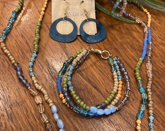 Handcrafted Gold-Toned Jewelry with Blue & Green Glass Beads, Necklace 51 Inches, Bracelet 8 Inches, Blue Earrings, Fair Trade from India