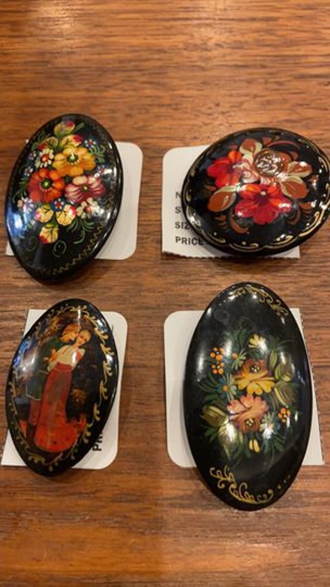 Vintage Handpainted Russian Brooch Lapel Pins, Floral, Oval and Round