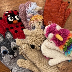 Hand-Knit 17% Alpaca Critter Animal Children&#39;s Mittens Gloves, Ladybug Fox Llama NC State Wolf Unicorn Cow Lion, Fair Trade Peru and Bolivia