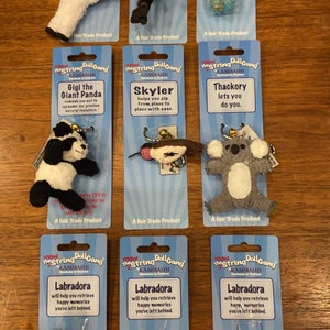 Kamibashi String Doll Key Chains Keychains Fabs Tags, Labrador Princess Koala Red Panda Bear Yeti Hummingbird Rosa Parks Fair Trade Thailand