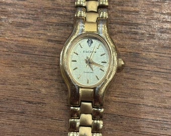 Vintage Elgin Diamond Quartz Oval Women's Bracelet Wrist Watch Gold-Toned