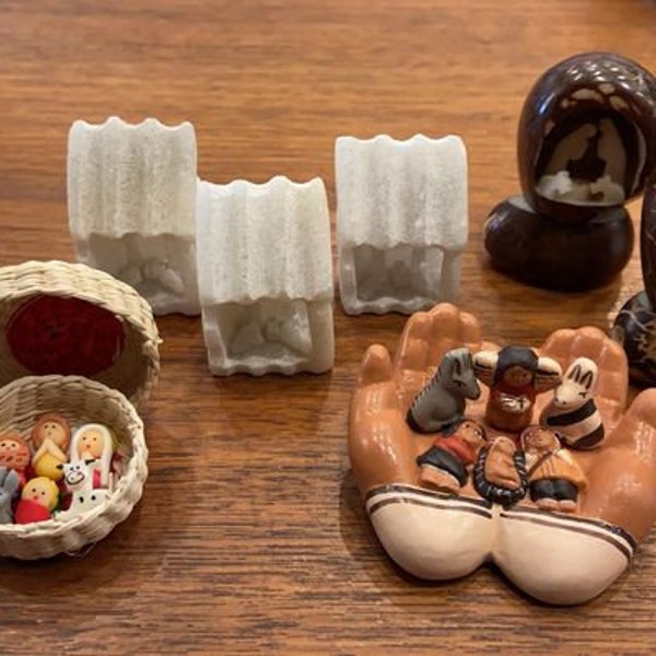 Handcrafted Unique Nativity Crèche Christmas Holiday Sets Décor Figurine, Carved Stone Baskets Tagua Nut, Fair Trade from Ecuador and Peru