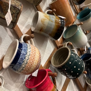 Various Hand Thrown Pottery Coffee Mugs Tea Cups Ceramic, Pig Bee Chicken Sailboat, Made by Local Artisans