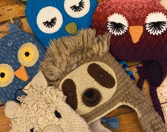 Hand-Knit Adult 17% Alpaca Critter Vicuña Hat Beanie Fleece Lining with Ties, Llama Owl Ladybug Wolf Cow Sloth, Fair Trade from Peru