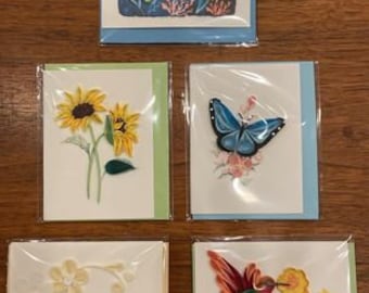 Handmade Paper Quilling Cards, 3x3.75 Gift Enclosure Tags, Fair Trade Vietnam, Sea Turtle Sunflowers Butterfly Hummingbird Congratulations