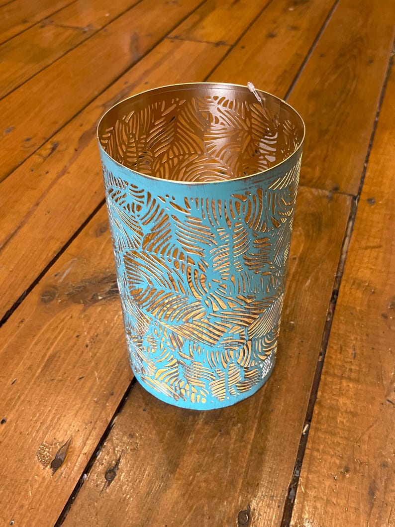 Handcrafted Intricately Detailed Metal Lanterns, Hurricanes, Candle Holders, White Birch Copper Medallion Tree of Life,Fair Trade from India Teal Leaf, 8”