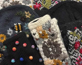 Hand-Knit Fingerless Women's Gloves Arm Hand Warmers Beanie Skull Caps Hats with Embroidered Flowers & Felted Wool, Fair Trade from Nepal