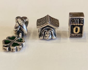 Retired Pandora Charms (Four Leaf Clover, Dog House, and Mile 0 Key West) and Charm Bracelet, Adjustable Rose Gold Colored Bracelet New