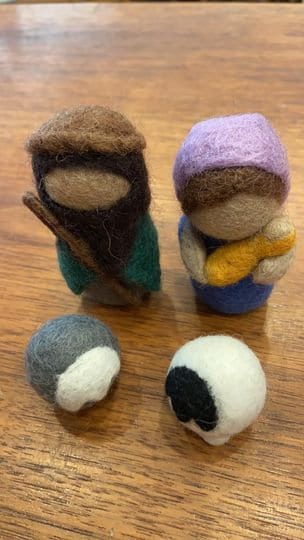 Felted Wool Nativity Crèche Kid-Safe Christmas Holiday Decor, 4 Pieces, Joseph Mary with Babe + 2 Sheep, 3.75x2 Inches, Fair Trade Nepal