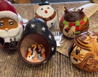 Handcrafted Gourd Hanging Holiday Christmas Ornaments, Santa Reindeer Snowman Penguin Nativity Crèche, Fair Trade From Peru