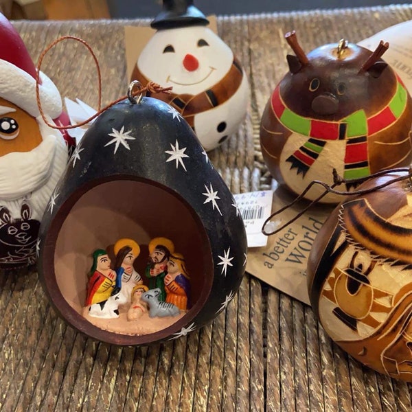 Handcrafted Gourd Hanging Holiday Christmas Ornaments, Santa Reindeer Snowman Penguin Nativity Crèche, Fair Trade From Peru