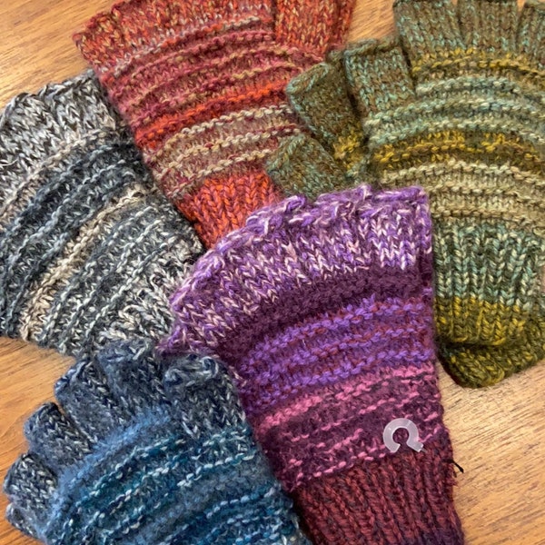 Hand-Knit 17% Variegated Alpaca Wool Fingerless Women's Gloves, Gray Red Green Purple Blue Arm Hand Warmers, Fair Trade from Peru