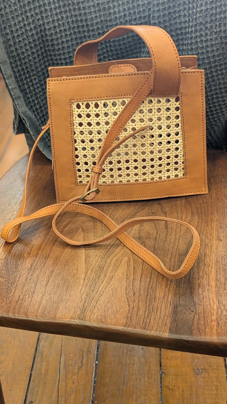 The Rattan Collection Woven Totes and Crossbody Cross Body Handbags Purses Crafted in Leather and Natural Rattan, Fair Trade from Java Crossbody Handbag