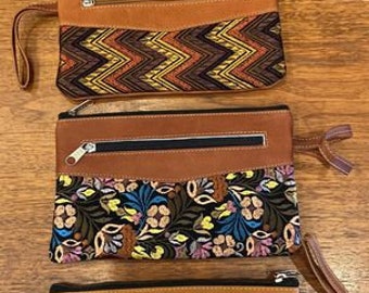 Colorful Embroidered Floral Fabric and Leather Bags Clutches, 9x5.5 Inches, Fair Trade from Ecuador