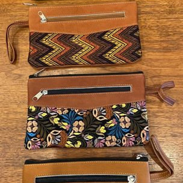 Colorful Embroidered Floral Fabric and Leather Bags Clutches, 9x5.5 Inches, Fair Trade from Ecuador